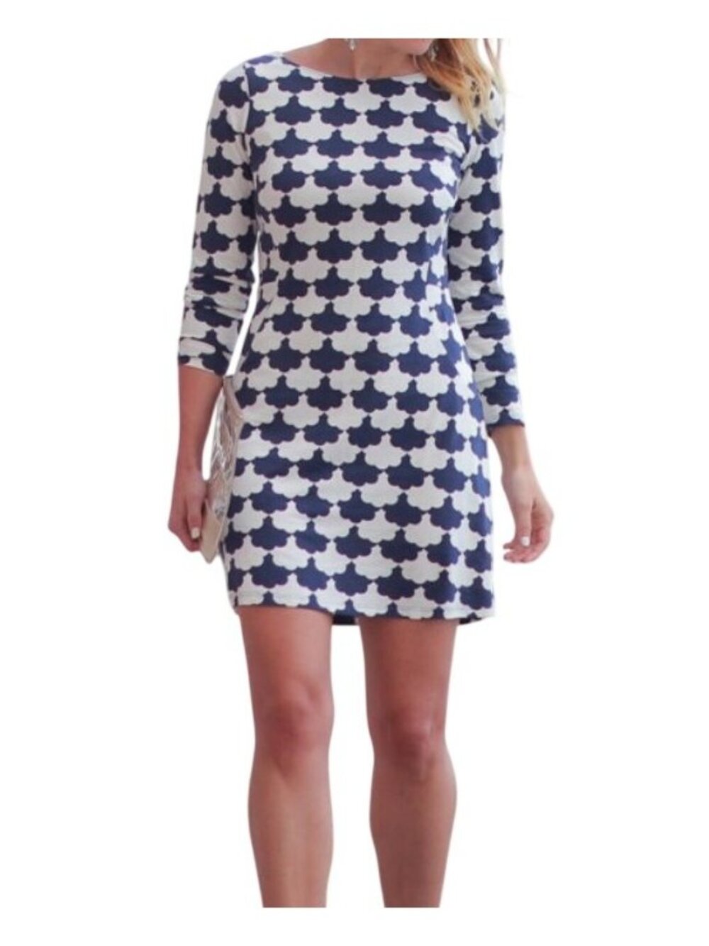 Boden Blue White Scallop Jersey Knit Tunic Dress Long Sleeve Sheath Mini US 4R